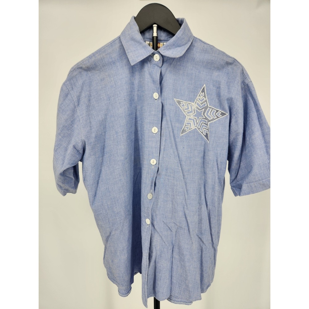 Vintage CC Sport Light Blue Chambray‎ Shell Star Graphic Button Down Shirt L